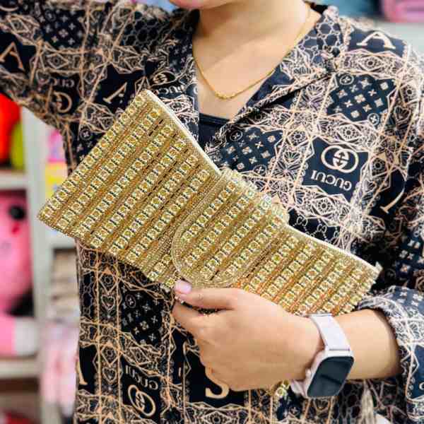 Golden Stone Worked Party Handbag For Womens
