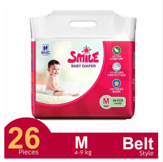 SMC Smile Belt System Baby Diaper (Size-M) (4-9kg) (26Pcs)