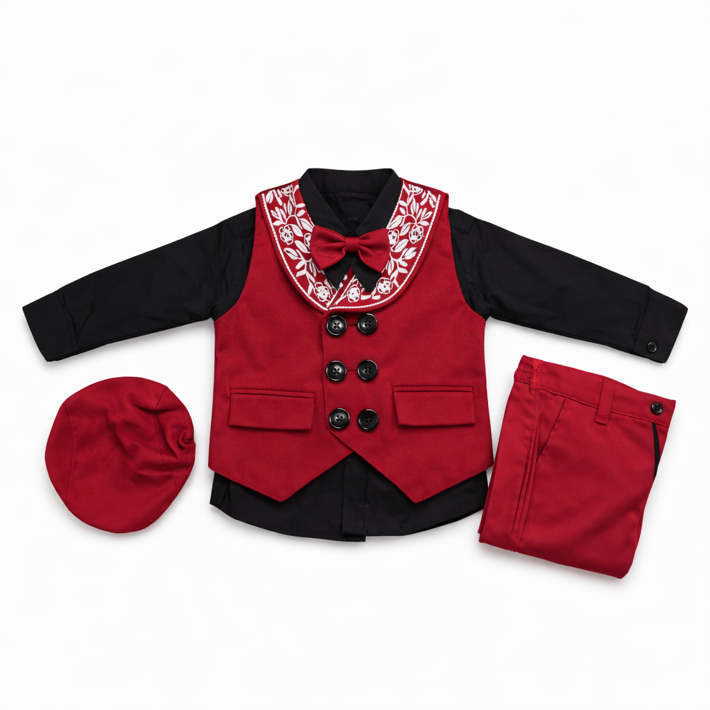 Formal Suit(4 pcs) Set For Kids(Black&Maroon)-